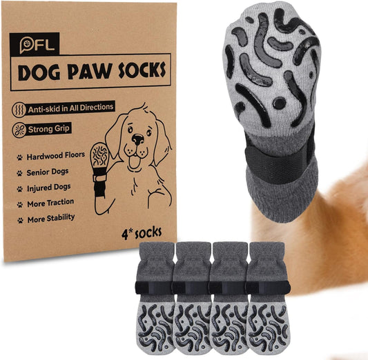 2 Pairs anti Slip Dog Socks Paws Stop Licking, Dog Paw Protectors Dog Socks with Grips Strong Traction, Adjustable Dog Boots Dog Shoes for Senior Dogs Hardwood Floors Indoor Outdoor Walking(Grey,M)