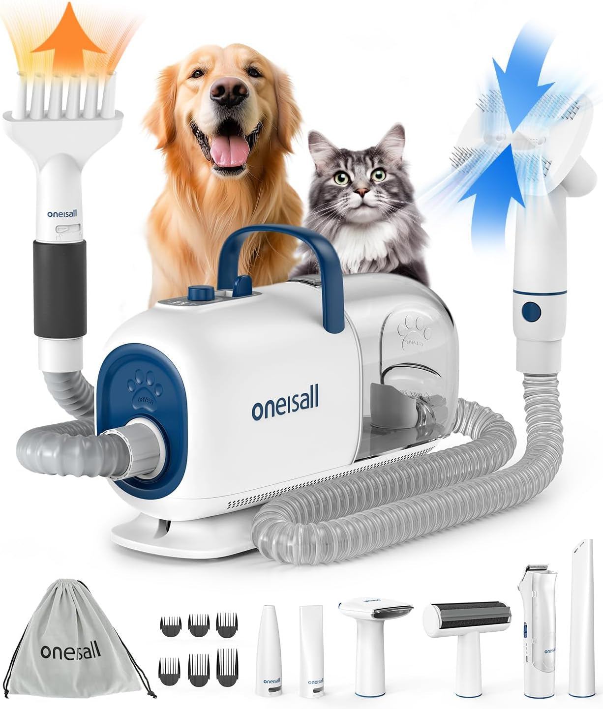 Dog Grooming Vacuum Blow Dryer and Clippers,Dog Grooming Kit for Shedding Drying Trimming Pet'S Hair, 8 Pet Grooming Tools for Thick Short Long Pet Hair,7 Levels of Blow Temperature