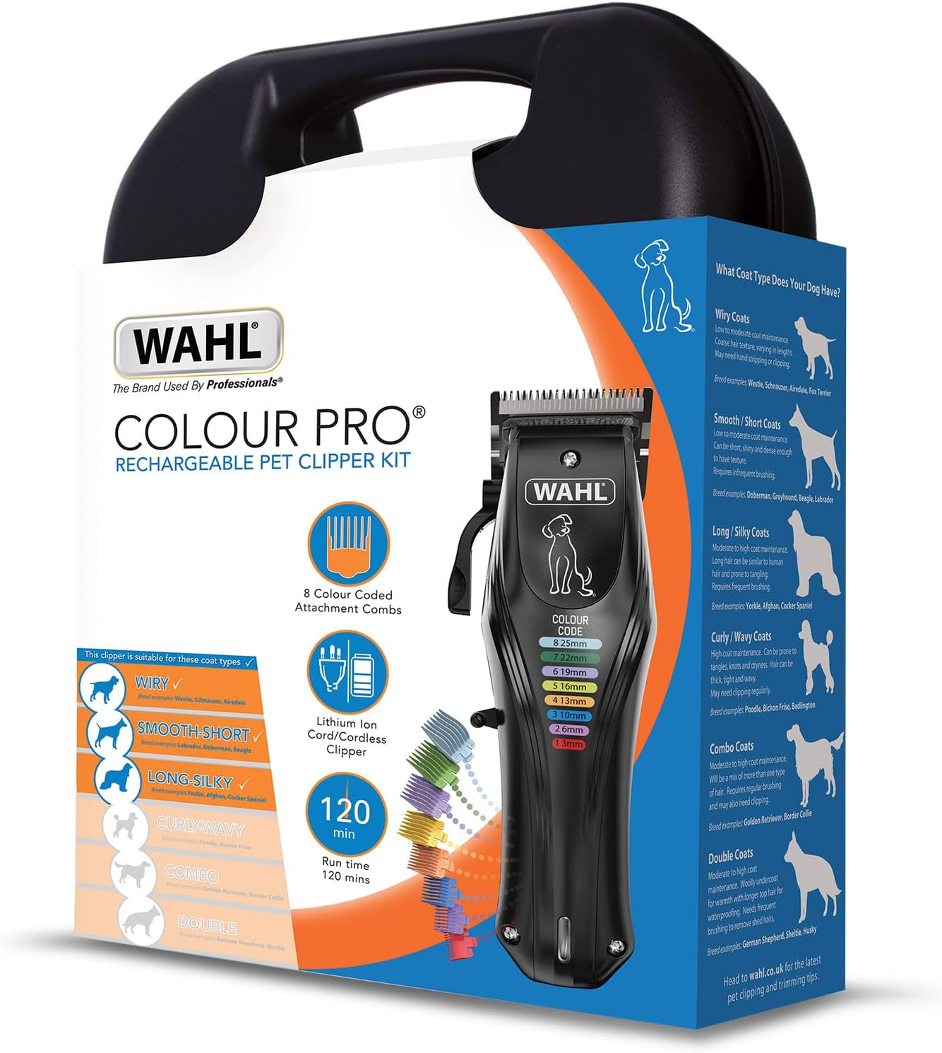 Colour Pro Rechargeable Pet Clipper, Clippers with Coded Combs, Full Coat Grooming for Dogs, Low Noise, Corded/Cordless Dog Clippers, Black