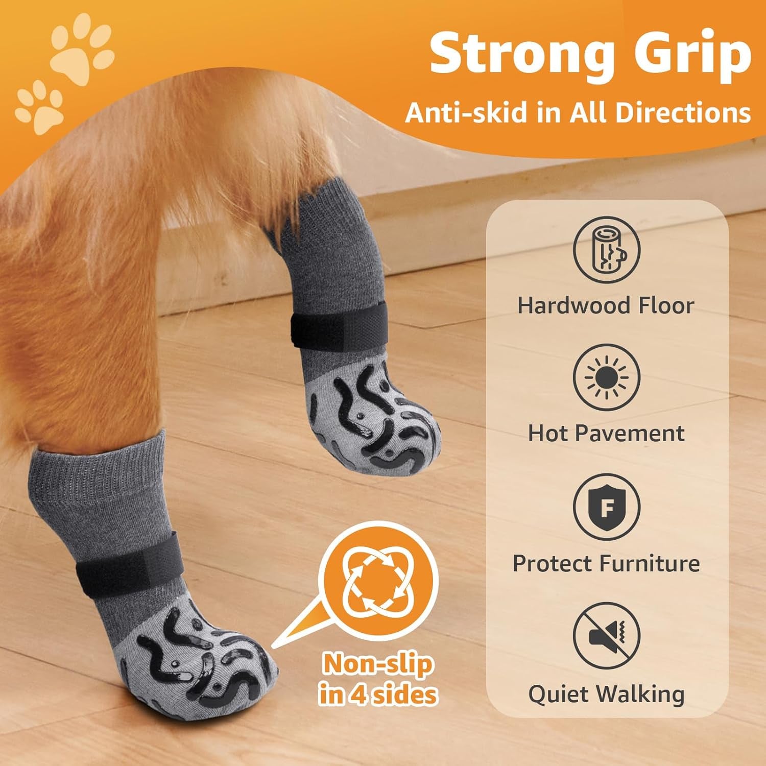 2 Pairs anti Slip Dog Socks Paws Stop Licking, Dog Paw Protectors Dog Socks with Grips Strong Traction, Adjustable Dog Boots Dog Shoes for Senior Dogs Hardwood Floors Indoor Outdoor Walking(Grey,M)