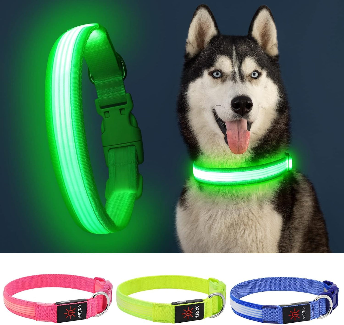 Light up Dog Collar, Rechargeable LED Dog Collar, Flashing Dog Collar, Adjustable Reflective Dog Collar Safety Glowing at Night (Green, Medium)