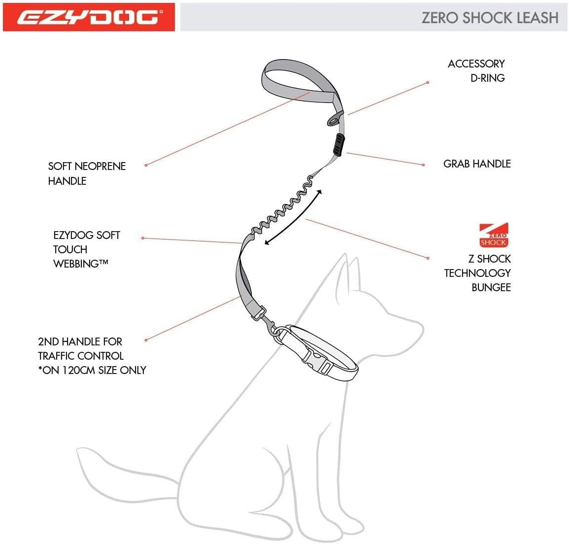 Zero Shock Dog Lead | Zero Shock Technology, Shock-Absorbing, , Dog Leads for Small Dogs, Dog Leads for Medium Dogs, Dog Leads for Large Dogs, Soft Padded Handle, Traffic Control, 1.2M (Black)