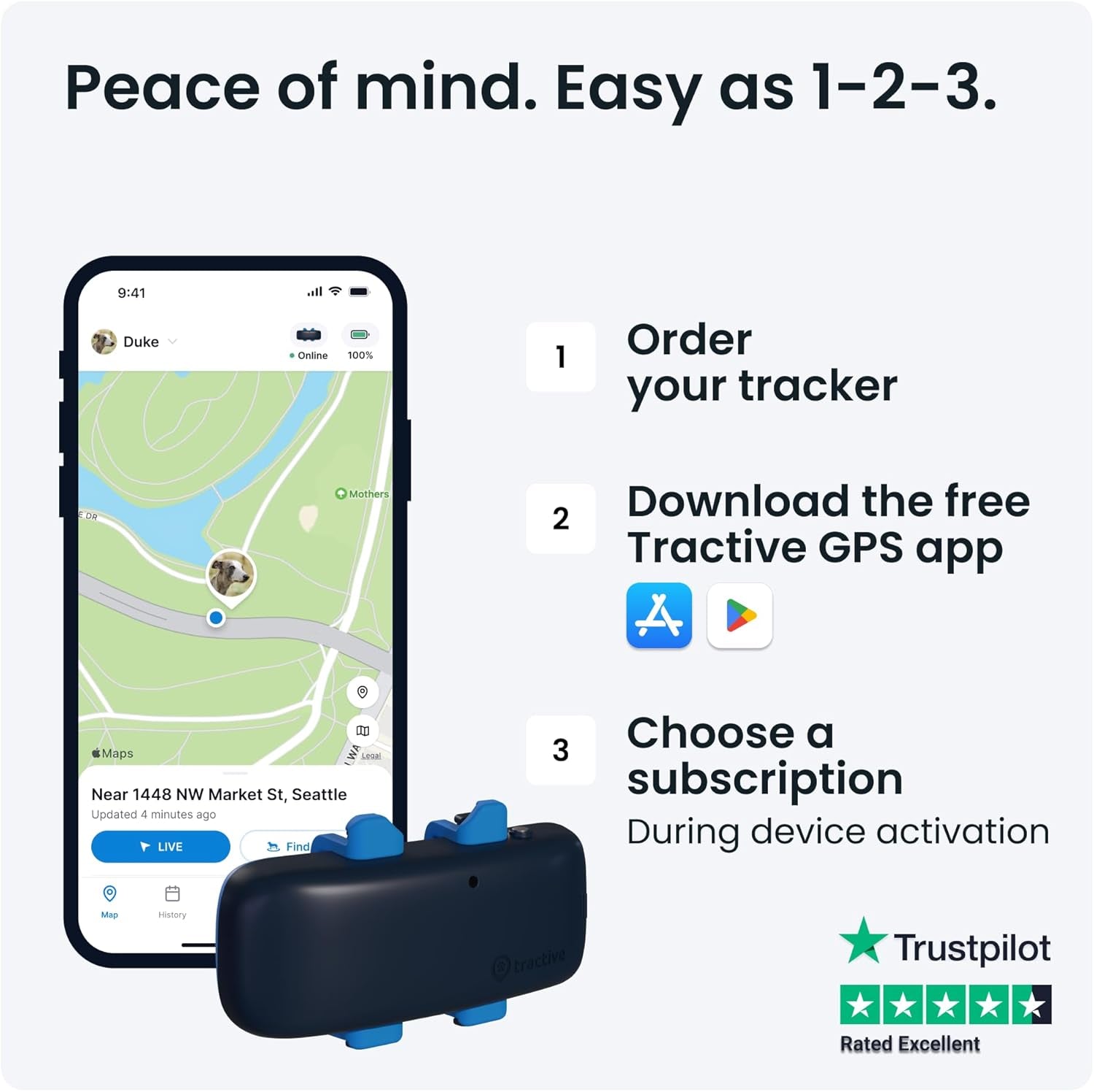 GPS Dog Tracker, Market Leader, Worldwide Real-Time Location Tracking, Escape Alerts, Monitor Activity & Get Health Alerts, Dark Blue