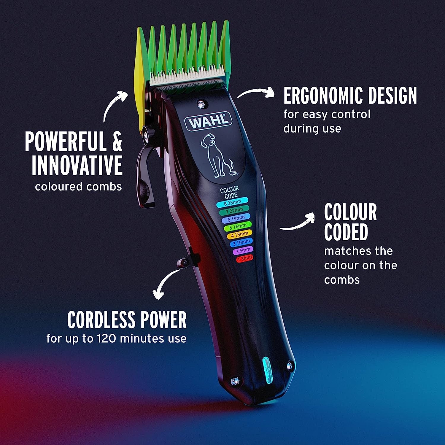 Colour Pro Rechargeable Pet Clipper, Clippers with Coded Combs, Full Coat Grooming for Dogs, Low Noise, Corded/Cordless Dog Clippers, Black