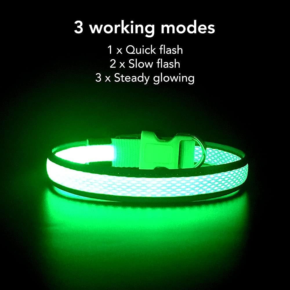 Light up Dog Collar, Rechargeable LED Dog Collar, Flashing Dog Collar, Adjustable Reflective Dog Collar Safety Glowing at Night (Green, Medium)