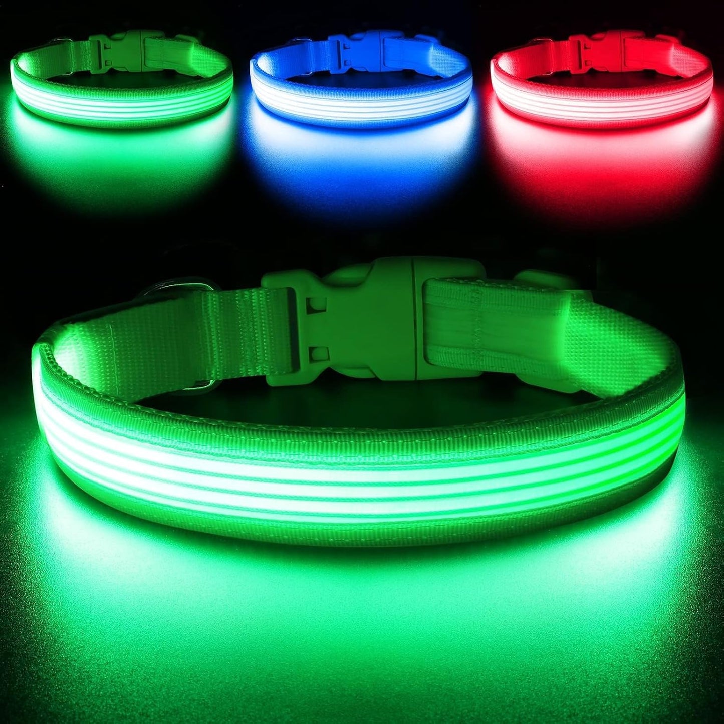 Light up Dog Collar, Rechargeable LED Dog Collar, Flashing Dog Collar, Adjustable Reflective Dog Collar Safety Glowing at Night (Green, Medium)