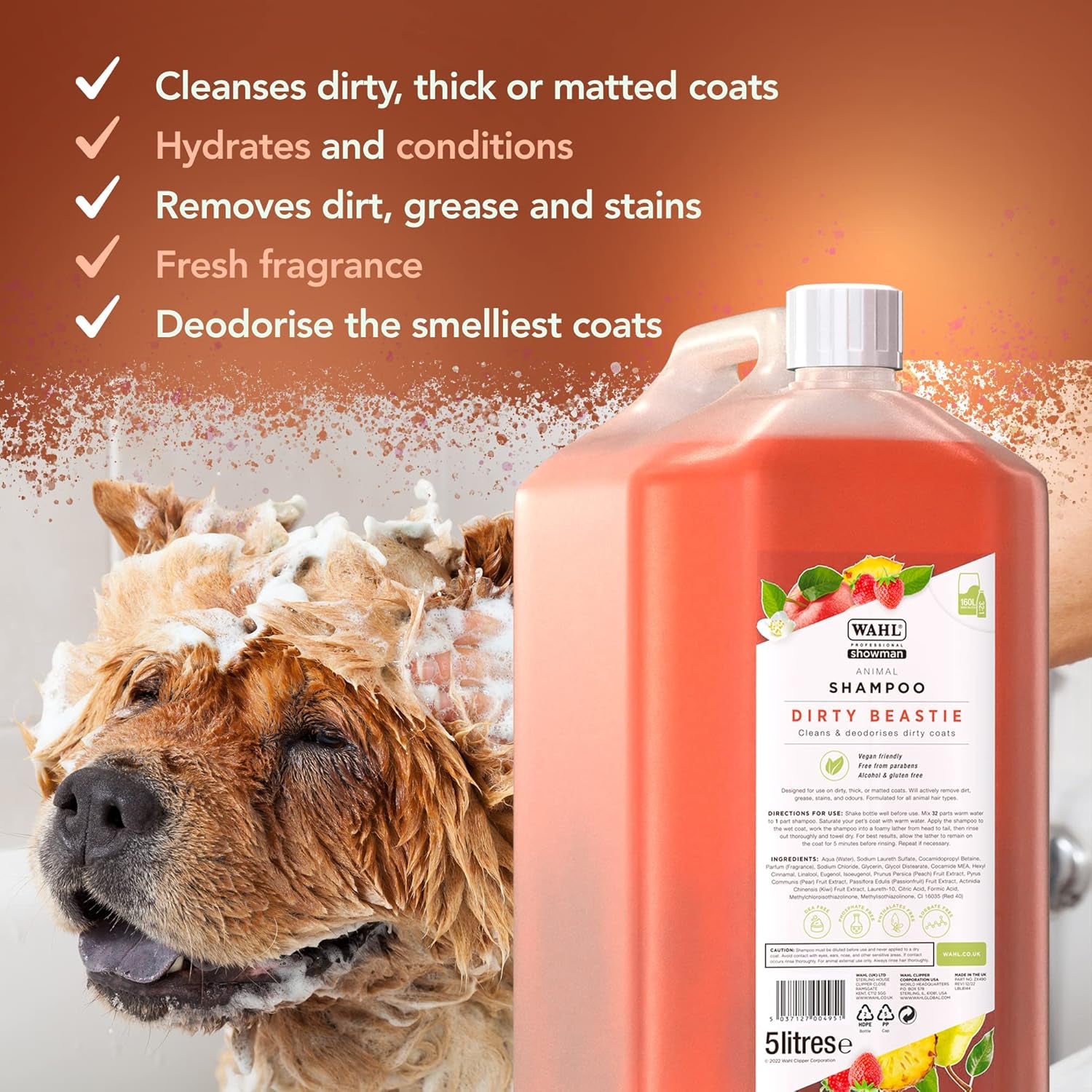 Dirty Beastie Shampoo, Dog Shampoo, Shampoo for Pets, Natural Pet Friendly Formula, for Dirty Pet Coats, Concentrate 32:1, Remove Dirt and Odours, Smelly Coat, 5 Litre